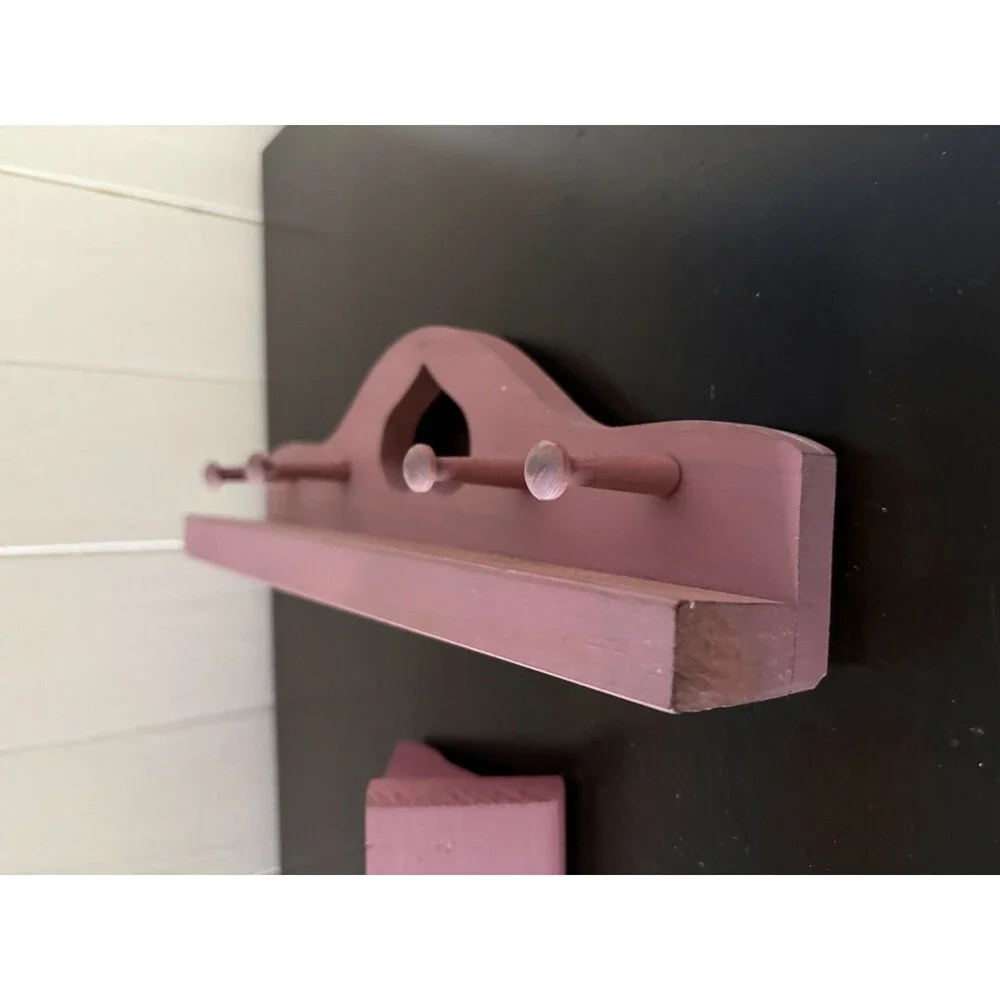 Vintage Wooden Wall Shelf Heart Cutout 4 Peg Hooks Rustic Country Cottage